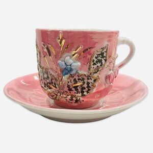 1800's Antique German Luster Cup & Saucer in Pinks & Golds Raised Design Tea Cup